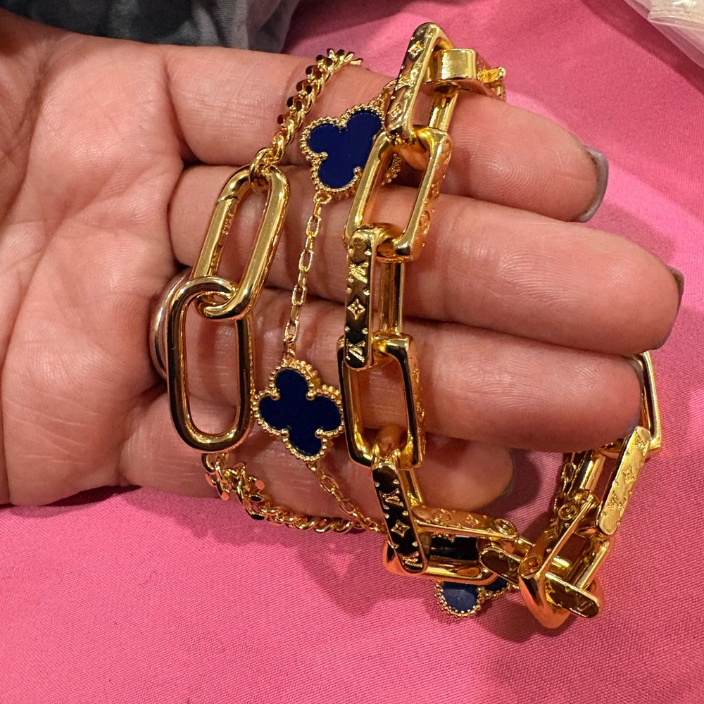 Gold-Tone Bracelet Set with Navy Blue Clover Charms